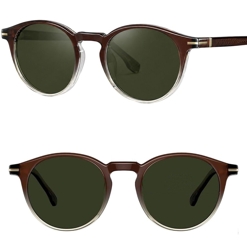 *Case Included* Men's Round Polarized Sunglasses Brown Frame Green Lens Retro